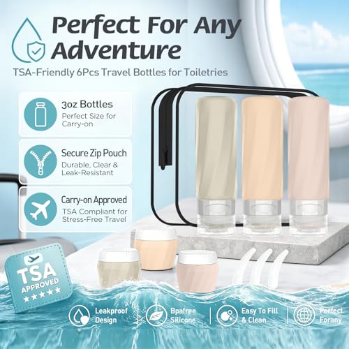 6Pcs TSA Approved Silicone Travel Bottles & Jars Set