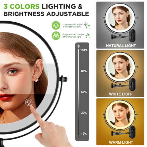 Wall Mounted Makeup Mirror: 1x/15x Magnifying Mirror with 8.5" Double Sided, Vanity Makeup Mirror for Bathroom, Brush Black