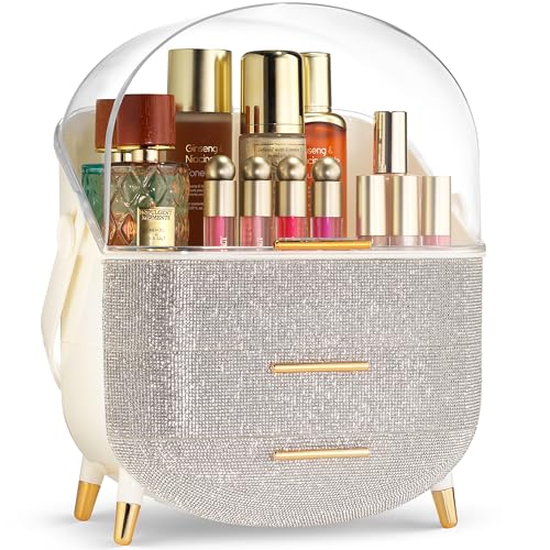 Covered Makeup Cosmetic Countertop - Large Cosmetic Organizer - Trendy Oval Shape Storage for Skin Care Organizer - Clear Lid, Storage Drawers, Carry Handle - Cute Stylish Decor Solution (Diamond)