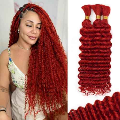 12 Inch Deep Wave Human Braiding Hair for Boho Braids ? 120g 3 Bundles/Pack Red 100% Unprocessed 12A Brazilian Virgin Human Hair Bulk, No Weft, Wet & Wavy Curly Extensions