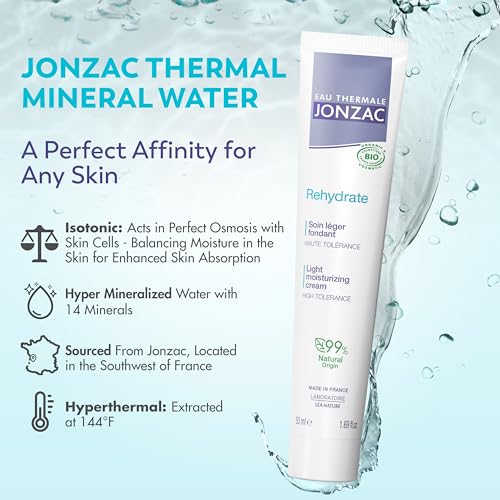 Eau Thermale Jonzac Rehydrate Organic Light Moisturzing Cream for Daily Use - Facial Cream Providing 24hr Hydration with Pure Hyaluronic Acid - Sensitive Skin Approved - 1.69 Fl Oz