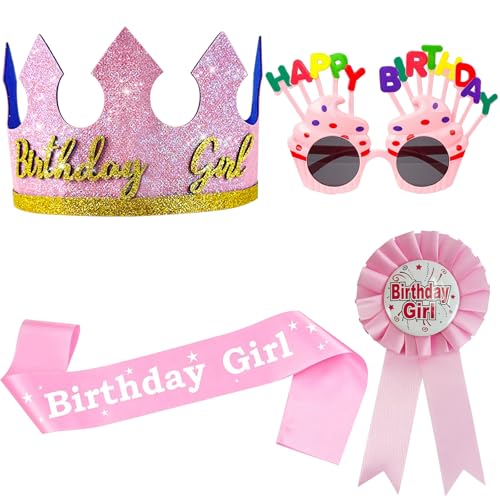 Pink Kid's Birthday Crown & Dress Up Set - Girl Headband Tiara & Ribbon Medal, YumSur
