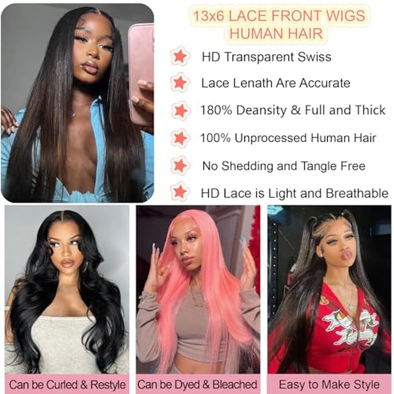 UKOWN 13x6 Lace Front Wig - 28 Inch Straight Human Hair, 200 Density