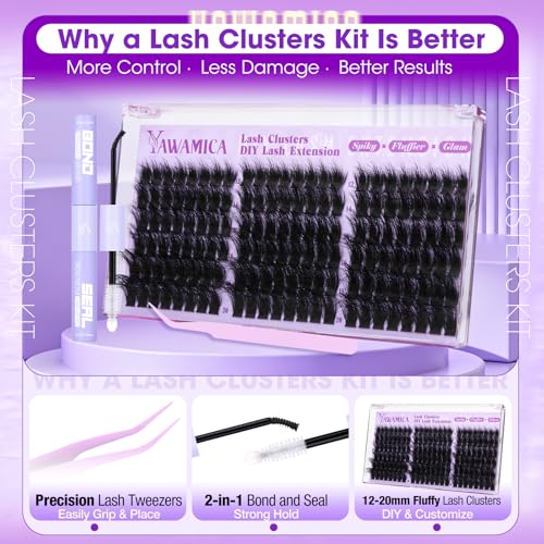 Yawamica Fluffy Lash Clusters Kit Wispy Volume Cluster Eyelash Extensions 12-20mm D Curl Individual Lash Extension Kit with 2-in-1 Lash Bond and Seal and Tweezers for Volume Wispy Lash Look