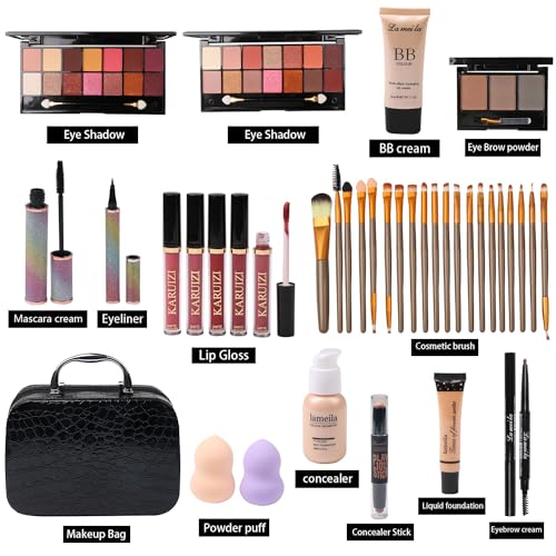 All in One Makeup Kit Full Kit Multipurpose Essential with Eyeshadow Palette,Lip Gloss,Foundation,Mascara,Eyebrow Pencil,Eyeliner,Contour Stick,Makeup Brushes,Cosmetic Bag Makeup Set for Women (DA112)