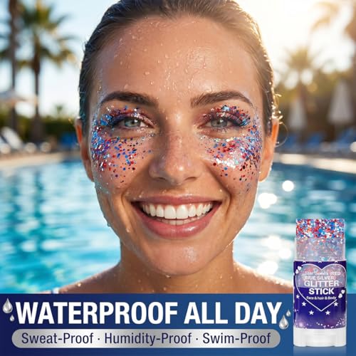 Patriotic Red White Blue Glitter Stick - 2 Pack, Waterproof Face & Body Makeup