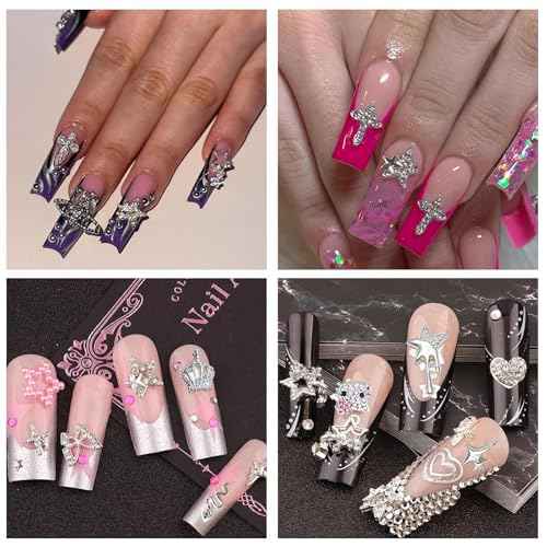 88 Pcs Silver Gold Nail Charms and Gems,Luxury Zircon Kitty cat Nail Crown Planet Snake Star Cross Nail Charms Rhinestones Alloy Nail Decoration 3D Nail Charms Y2k for Nail Art DIY Jewel Accessories