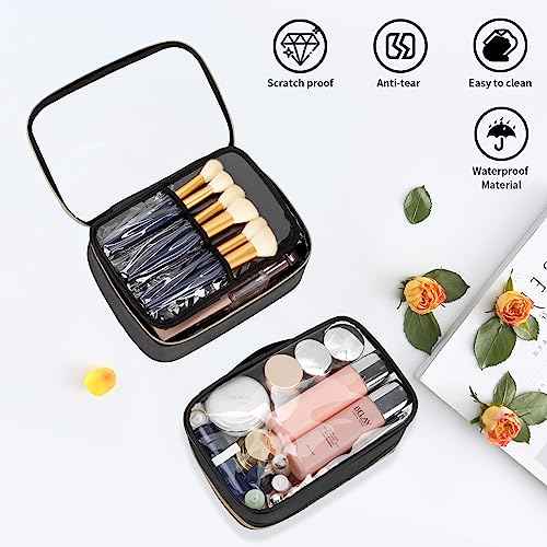 OCHEAL Clear Makeup Bag, Portable Cosmetic Organize,Travel Makeup Bag Cute Clear Pouch For Women and Girls Cosmetics Bags with Divider Makeup Brush Compartment-Black PU Leather