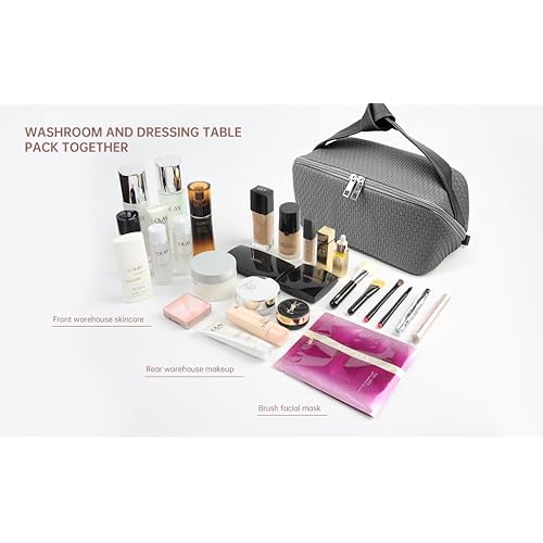 hhhouu Large PU Leather Makeup Bag with Handle, Travel Cosmetic Organizer Case, Waterproof Toiletry Bag, Portable Storage Pouch for Accessories and Brushes, Ideal Gift for Women HO-CB01