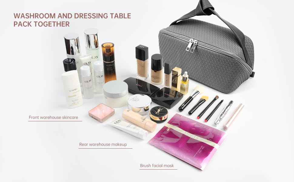 hhhouu Large PU Leather Makeup Bag with Handle, Travel Cosmetic Organizer Case, Waterproof Toiletry Bag, Portable Storage Pouch for Accessories and Brushes, Ideal Gift for Women HO-CB01