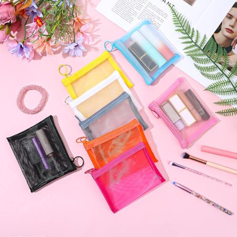 32 Pcs Mini Zipper Mesh Bags Lipstick Cosmetic Accessories Organizer Nylon Makeup Zipper Pouch Small Cosmetic Bag for Purse Beauty Mesh Travel Pouch for Women(8 Color)
