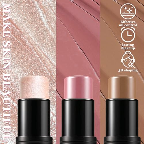 3Pcs Cream Contour Stick Kit with Brush - Blush, Highlight & Bronzer