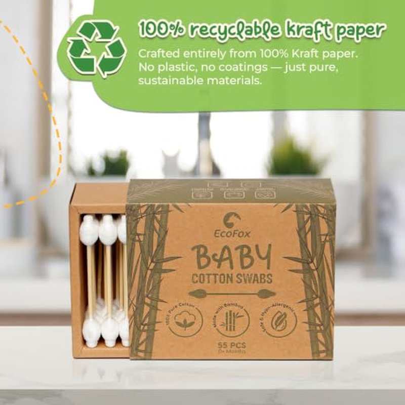 EcoFox Baby Cotton Swabs 220 Count - Bamboo & Pure Cotton