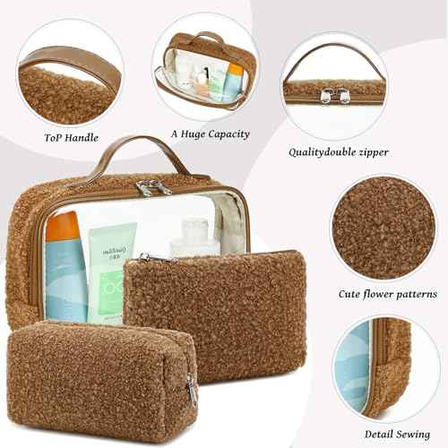 Bluboon 3Pcs Makeup Toiletry Bag for Women, Clear Packing Cubes Cosmetic Bag for Travel Women With Zipper Travel Essentials (Coffee Lamb Wool)