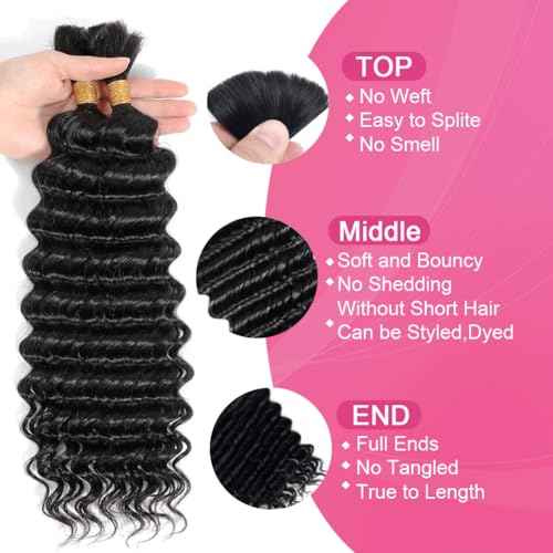 Curly Human Hair for Boho Braids Bohemian Deep Wave Bulk 100% Human Hair for Braiding Wet and Wavy Human Hair for Boho Knotless Braids No Weft 2 Bundles 100g Hair Extensions Natural Color 22 Inch