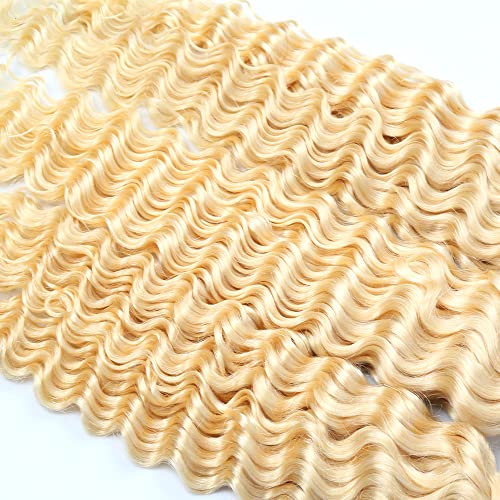 613 Blonde Deep Wave Human Hair Bundles - 3 Pack, 14-18 Inch