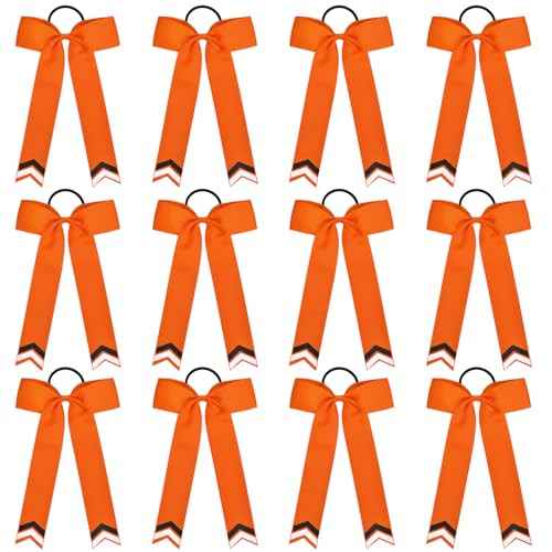 DEEKA 12PCS Collegiate Style Cheer Bows with Glitter Chevrons Tail Skinny College Cheerleader Ponytail Holder for Volleyball Softball Girls (Orange/Black/White)
