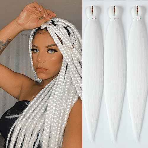 Braiding Hair Pre Stretched 26inch 3 Packs White Braiding hair Extensions Synthetic Crochet Braids, Hot Water Setting Professional Soft Yaki Texture. (26inch(3Packs),White#)