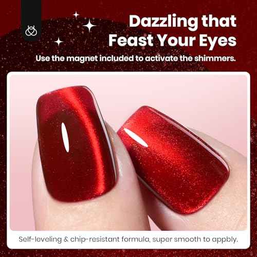 beetles Gel Polish Ruby Red Cat Eye Gel Nail Polish - 15ML Christmas Red Cat Eye Glitter Gel Polish Magnetic Shimmer Effect Soak Off UV French Nail Art Design Salon DIY Manicure Gifts for Wome