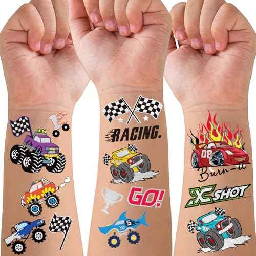 193pcs Unicorn & Truck Wheels 2 in 1 Kit Waterproof Temporary Tattoos Groovy Fake Tattoo for Kids Birthday Party Decoration, Star Smiley Rainbow Racing Car Flag Trophy Tattoo Stickers for Boys Girls