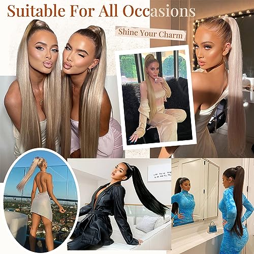 FLUFYMOOZ ponytail extension, 26 Inch Long Straight Drawstring Ponytail Synthetic Hairpieces Fake Pony Tails Natural Soft Clip in Hair Extension ponytail for Women (Natural Black)