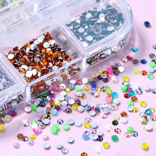 5 Boxes 2mm Flatback Nail Rhinestones Kit 13200 Pcs Colorful AB Round Transparent White Rainbow Crystal AB Gems Half Pearls with Pick Up Pen and Picker Tweezers for Craft Art and Face Makeup(2mm)