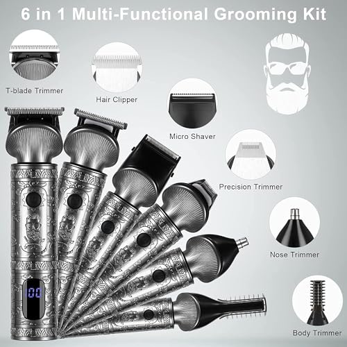 Hatteker Beard Trimmer Kit for Men Professional Hair Clipper T-Blade Beard Hair Shaver Nose Trimmer Hair Cutting Kit Body Grooming Kit Cordless 6 in 1
