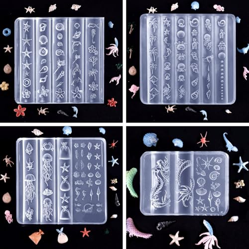 Laza 4-Piece 3D Ocean Silicone Nail Art Molds with Carving Pen & Scraper