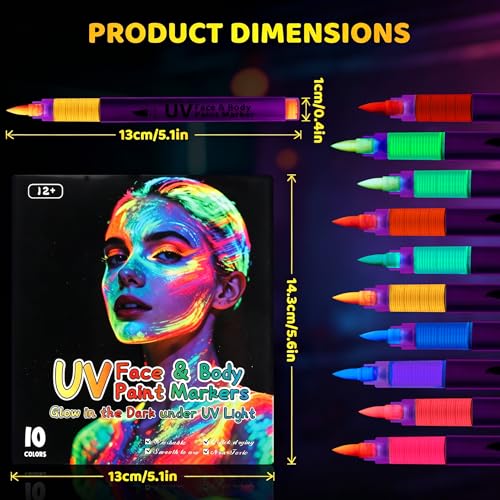 10-Color Glow in the Dark Face & Body Paint Pen Set