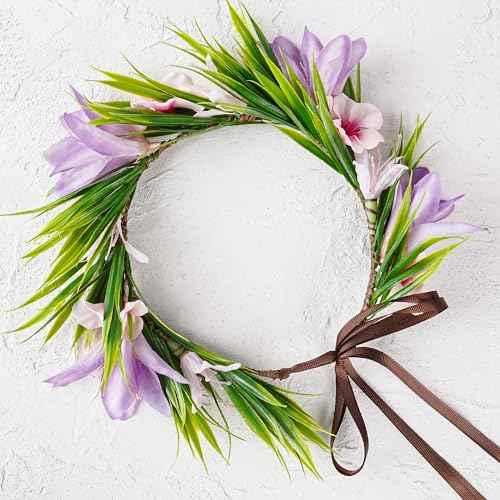 Hawaiian Leis Flower Headband - Hawaii Floral Headpiece Tropical Luau Flower Crown with Ribbon Lei Luau Dress Up Accessory Summer Beach Wedding Party Festival Photos (Purple, Pink)