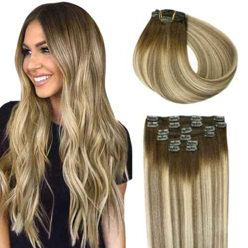 SURNEL Clip in Extensions Human Hair Balayage Walnut Brown to Ash Brown and Golden Blonde Hair Extensions Real Human Hair Clip ins 22 Inch 6pcs 120g(#3/8/22,22'')