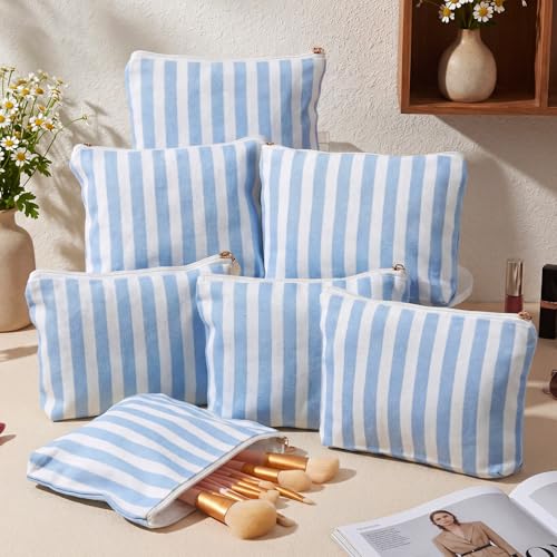 8 Pcs Blue & White Striped Canvas Makeup Bags Bulk