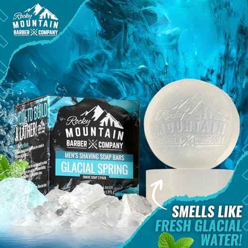 Shaving Soap Pucks for Men - 3 Pack - Traditional Wet Shave Glycerin-Based Shave Soap Bars - Made in USA For Use with Shaving Brush and Bowl - Glacial Spring Scent by Rocky Mountain Barber Company