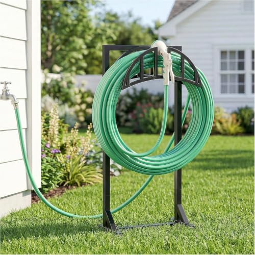 Black Textured Garden Hose Reel Holder - 150ft Heavy-Duty Metal Stand with Stakes & Hooks