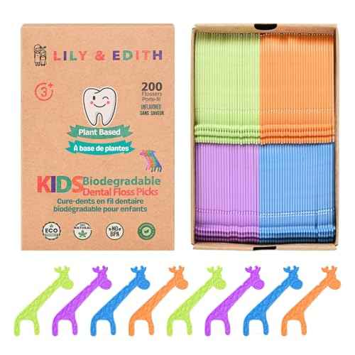 LILY & EDITH Kids Biodegradable Dental Floss Picks 200 Counts, Fluoride Free, Plant Based Material, Fun Animal Flossing Sticks, Ultra Sturdy Thread, Zero Waste Package (Unflavored)