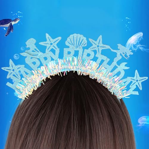 BAHABY Happy Birthday Headbands for Girls Mermaid Birthday Decorations Glitter Birthday Girl Headband Birthday Party Favors- Blue