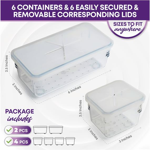 6-Piece Clear Plastic Drawer Organizer Set with Silicone Lids for Accessories Storage