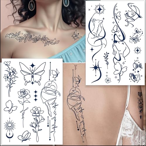 Tazimi Semi-Permanent Tattoos for Women Girls 100% Plant-Based Ink Small Flower Words Animals Waterproof Realistic Fake Tattoos Long Lasting 1-2 Weeks for Adult