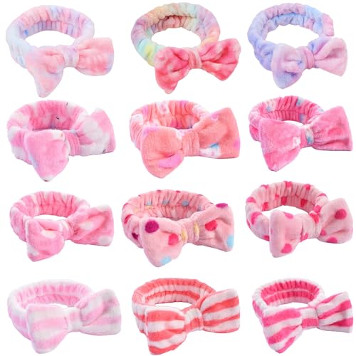 Tomolucky Direct 12pcs Spa Headband Soft Bowknot Spa Hair Band Coral Fleece Headband Makeup Headbands for Face Washing Skin Care Shower Yoga Headwraps for Women Girls Pink