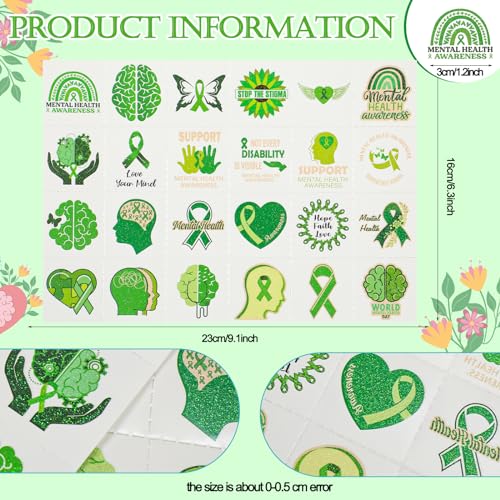Landhoow 240 Pcs Mental Health Awareness Tattoos Temporary Glitter Face Tattoos Cool Body Sticker Costume Accessory for Adults Party Supplies