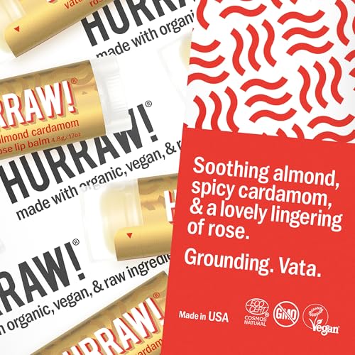 Hurraw! Almond, Cardamom, Rose (Vata) Lip Balm, 3 Pack: Organic, Certified Vegan, Cruelty and Gluten Free. Non-GMO, 100% Natural Ingredients. Bee, Shea, Soy and Palm Free. Made in USA