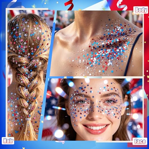 Patriotic Red White Blue Hair Glitter Stick for 4th of July
