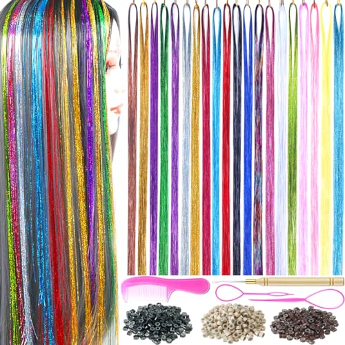 43 Inch 20 Colors Glitter Hair Tinsel Kit with Tools for Hair Extensions