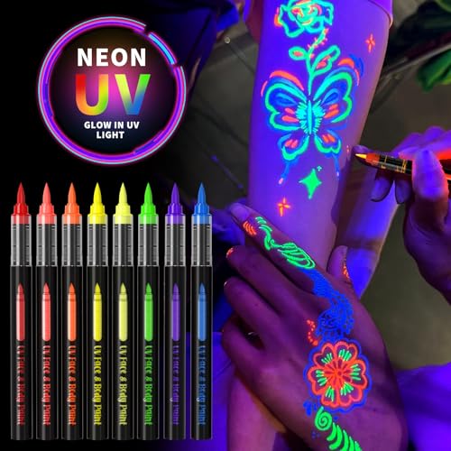 UV Glow Face Paint Markers - 8 Pack Neon Black Light Body Art Pens