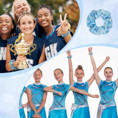 Taiyin 24 Pieces Shiny Metallic Scrunchie Solid Scrunchies Hair Ties Hair Elastics Accessories Elastic Band for Women Gym Dance Cheerleading Softball Volleyball Baseball Team(Light Blue)