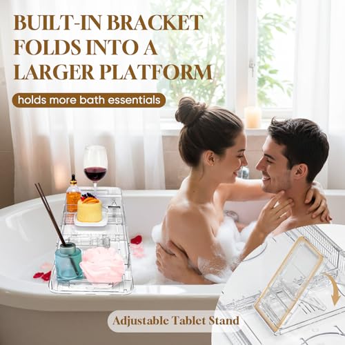 Expandable Clear Acrylic Bathtub Tray Caddy with Phone Holder