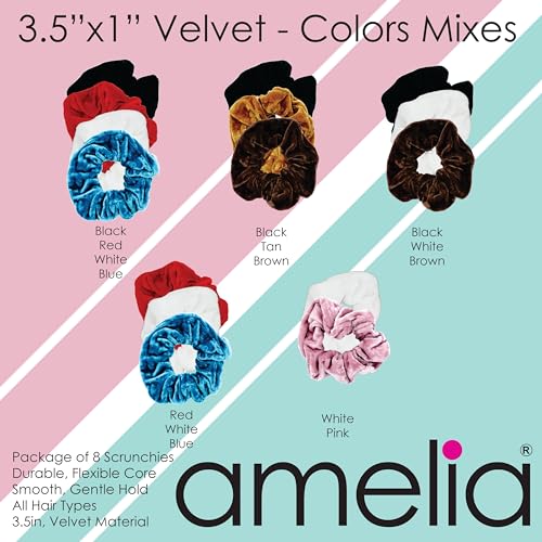 Amelia Beauty, Tan Velvet Scrunchies, Medium 3.5in, Gentle on Hair, Strong Hold, No Snag, No Dents or Creases. 8 Pack