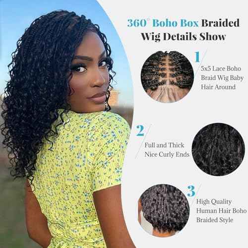 Knotless Boho Box Braided Wigs for Black Women 10 Inch Glueless Double 5x5 HD Lace Front Curly Human Hair 200% Density Short Boho Box Braided Bob Wigs Bohemian Knotless Braid Wigs with Baby Hair