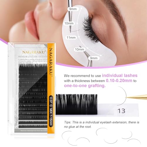 NAGARAKU Eyelash Extensions Individual Lashes 0.20mm C curl 7-15mm Mix Tray Classic Matte Black Natural Faux Mink 16 rows