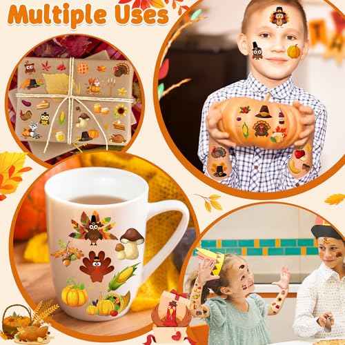 117PCS Thanksgiving Temporary Tattoos for Kids, 9 Sheets Thanksgiving Stickers Turkey Pumpkin Leaves Nuts Patterns, Fall Tattoos Stickers for Harvest Gathering Party Favors Accessories Decorations